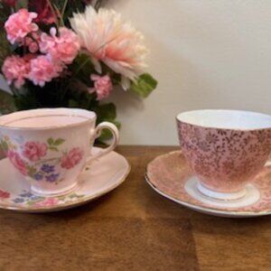 Vintage Colclough Bone China Teacups Saucers Pink Floral Gold Trim England‎